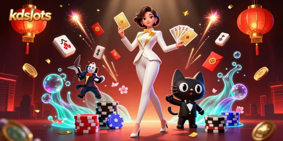 KDslots gaming scene featuring a glamorous woman and a cartoon cat amidst vibrant casino elements for 2026