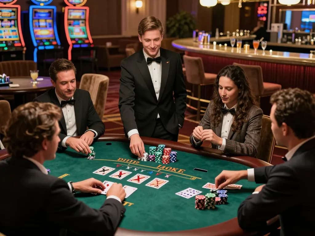 MM88 players strategizing at an upscale blackjack table with a professional dealer