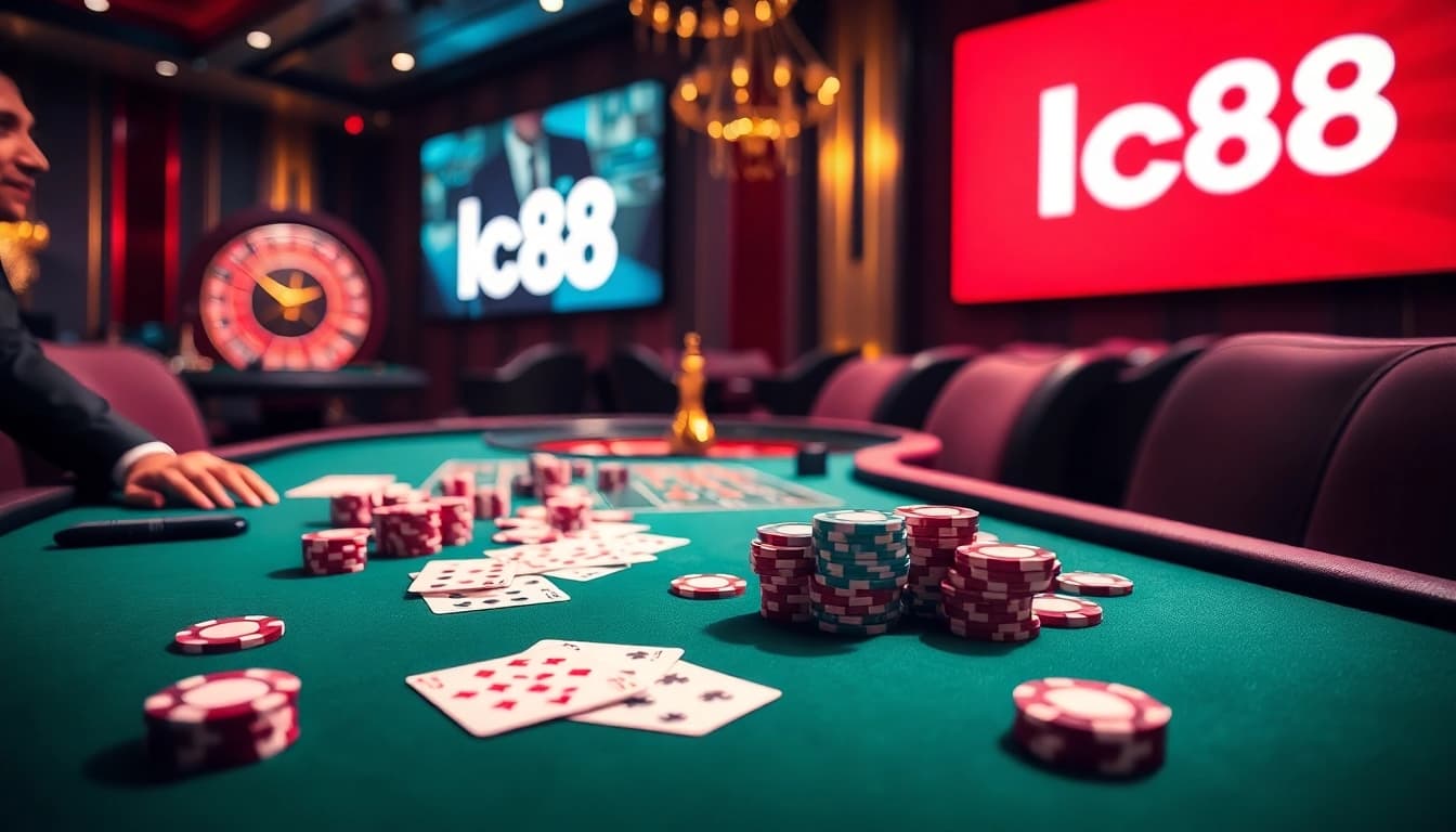 Experience the excitement of lc88 casino with vibrant poker and roulette visuals.