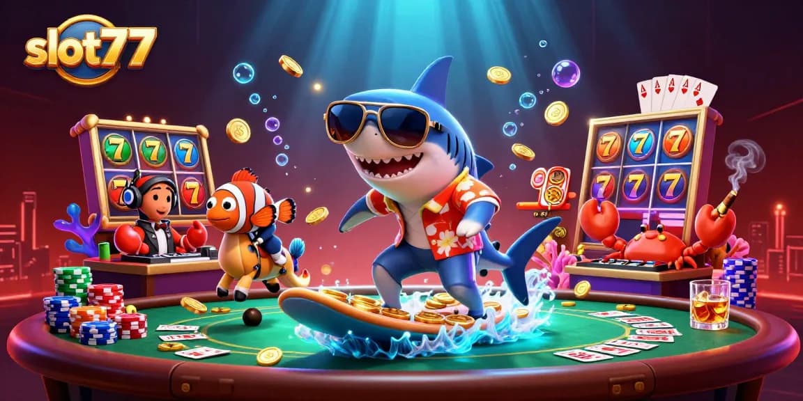 Experience excitement with slot77 in a vibrant underwater casino scene featuring unique sea characters.