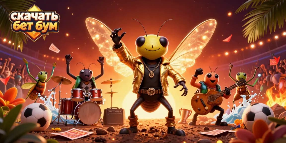 Exciting action to скачать бет бум as a cartoon cicada rock star and beetle drummer engage in dynamic sports betting scene.