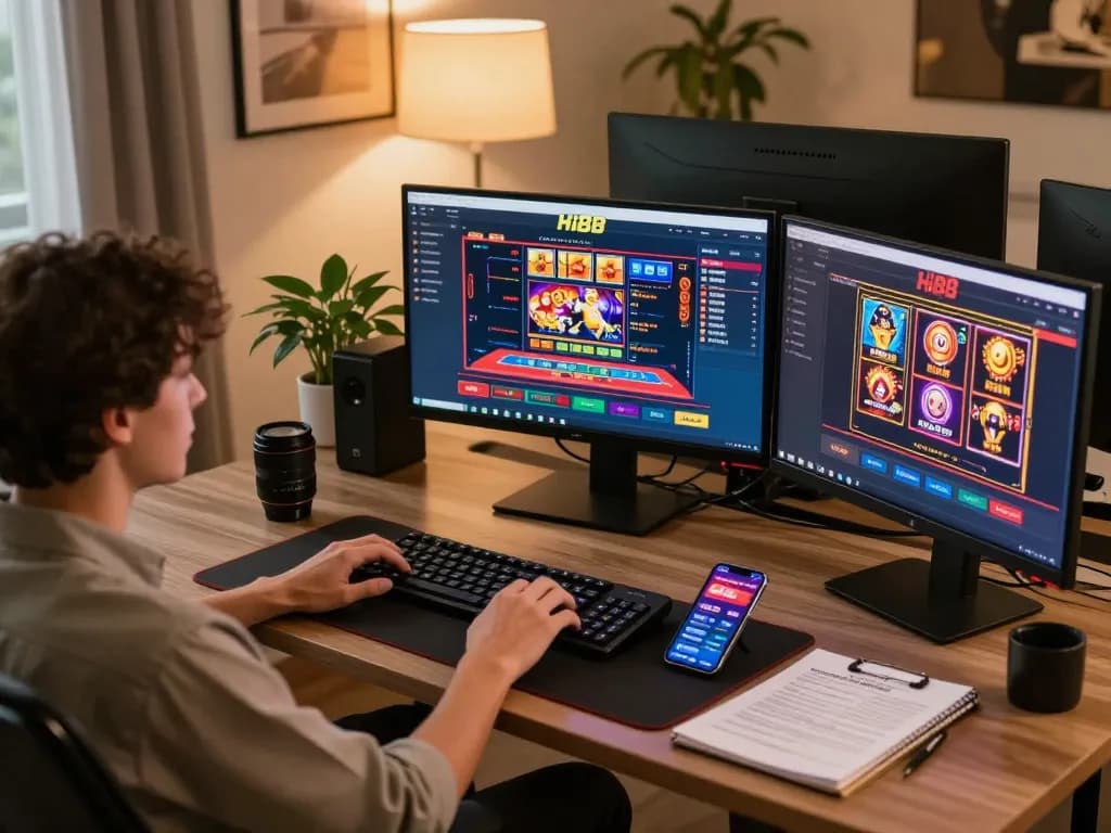 Player engaging with the Hi88 online casino app on a stylish home desk, showcasing a cozy gaming environment.