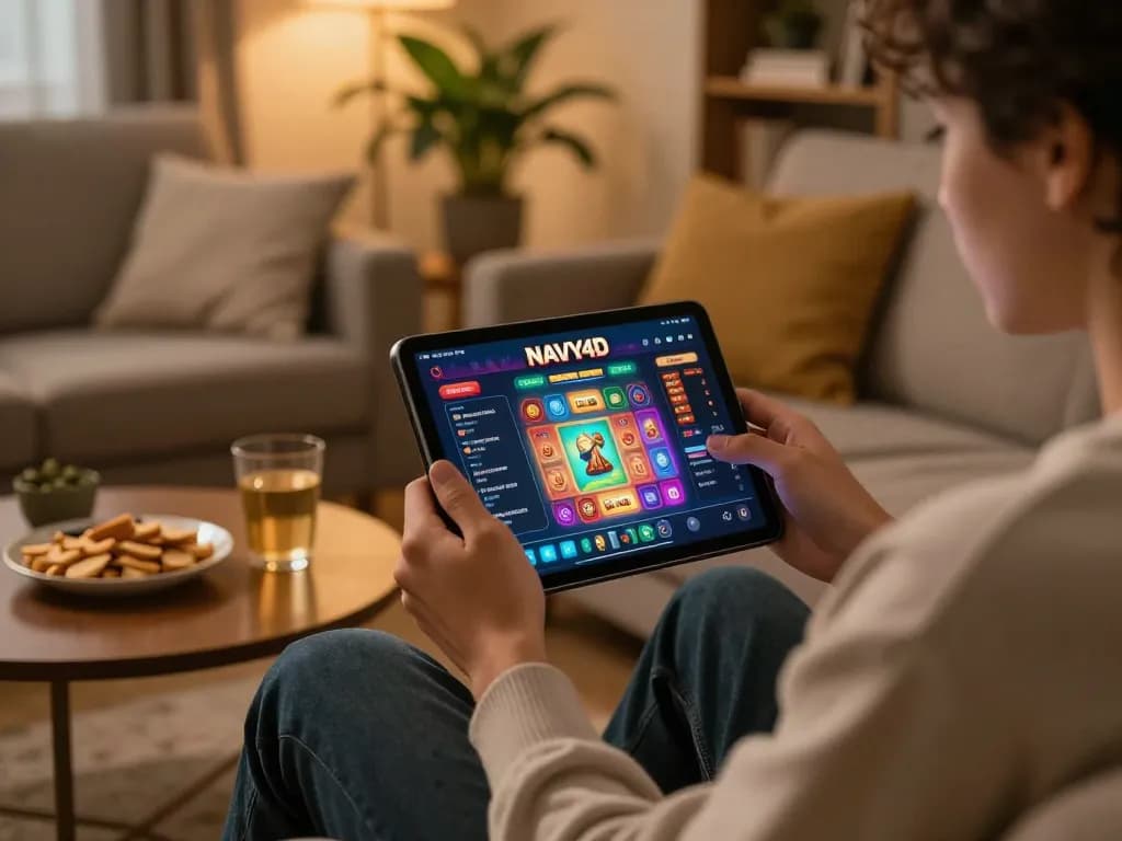 Aplikasi NAVY4D menampilkan permainan kasino di perangkat mobile selama sesi permainan santai di rumah.