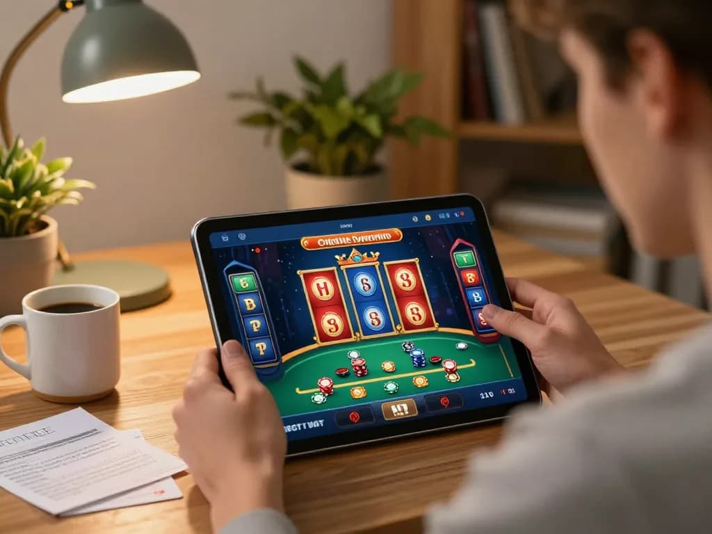 Engaging session of jagoan86 online gambling with poker and slots on tablet, cozy home atmosphere.