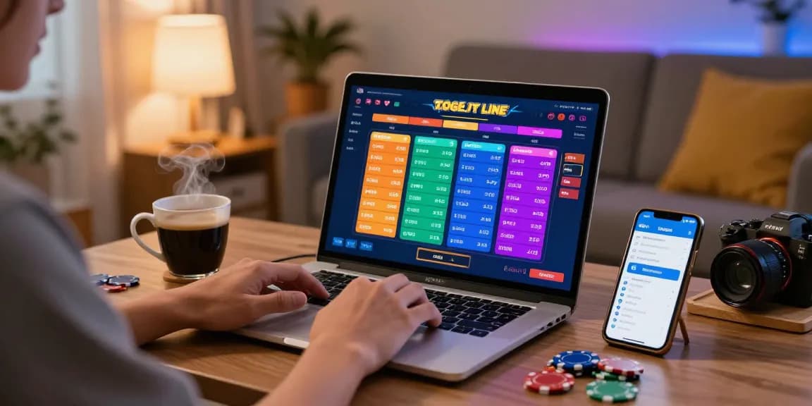 Engaged player enjoying ulartoto togel online from cozy home setting, laptop displaying game interface and notification.
