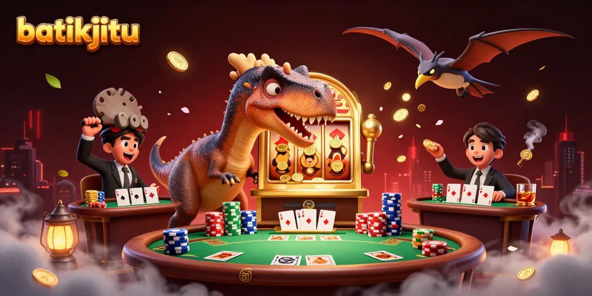 Batikjitu menghadirkan ilustrasi kasino dengan dinosaurus menciptakan jackpot, menampilkan unsur poker dan slot yang menarik.