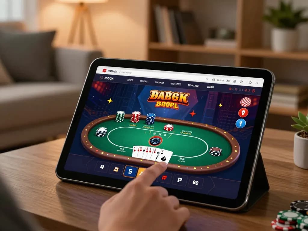 Engaging with online RR88 casino poker game on tablet, showcasing strategic gameplay.