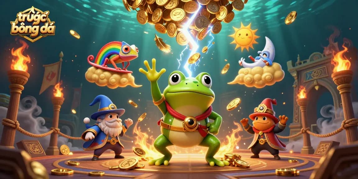 Engage with trực tiếp bóng đá as wizard frog conjures golden coin storms amid dynamic visuals.