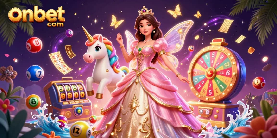 Immerse in onbet com's exciting world of online gaming with vibrant illustrations of animated casino elements.