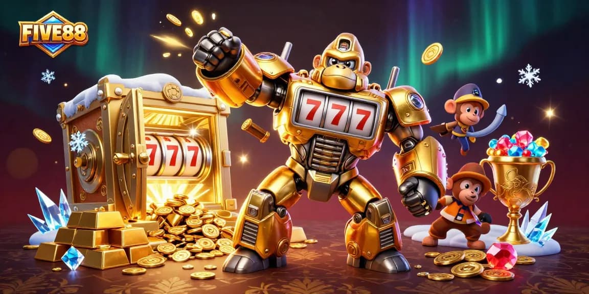 Experience the excitement of FIVE88 slots with a golden gorilla mech and treasure vault bursting with rewards.