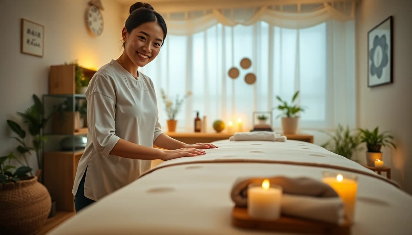 평택출장마사지 service being provided by a young, professional therapist in a cozy living room setting.