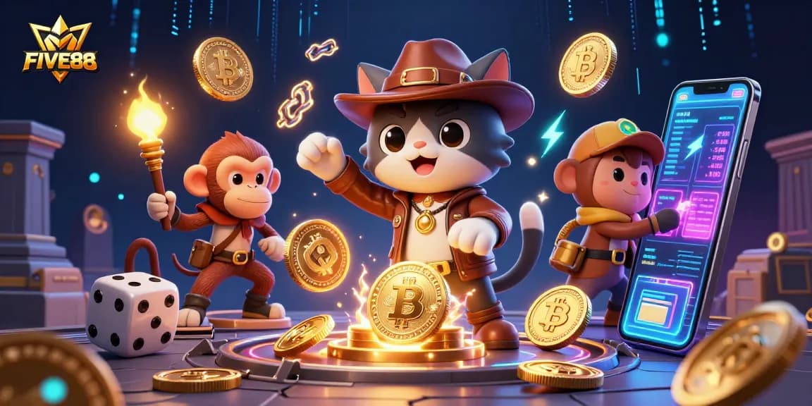 Experience the excitement of FIVE88 with explorers and cryptocurrency in a vibrant casino scene.