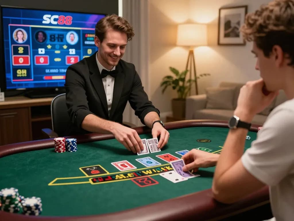 Player enjoying SC88 live dealer blackjack gameplay in a comfortable home setting