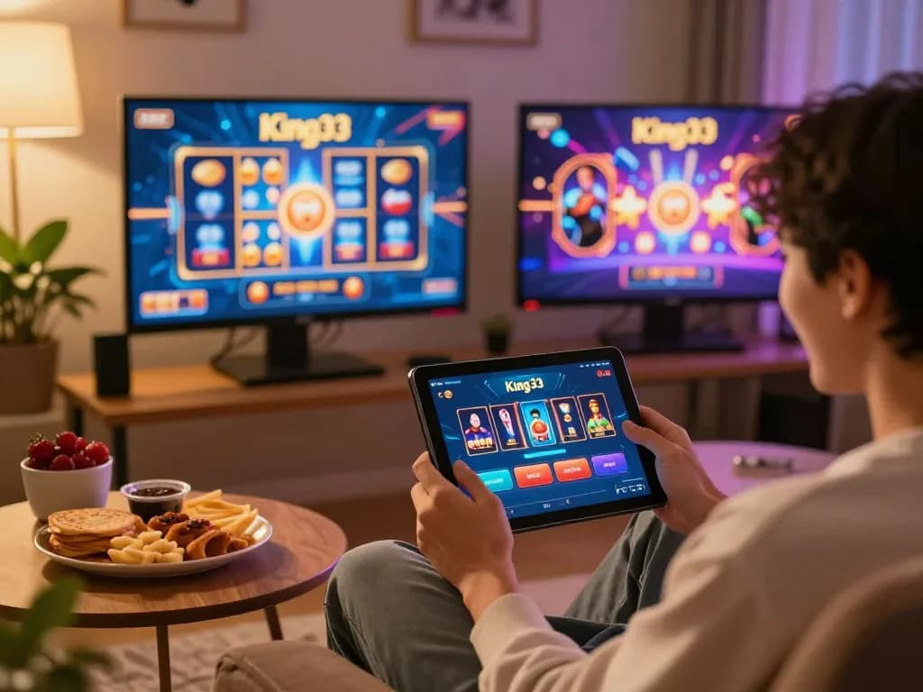 Engaging gaming experience on King33 app showcasing diverse casino games on tablet and snacks in cozy atmosphere.