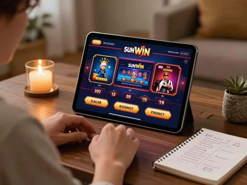Engaging in online casino games on SUN WIN in a cozy home setup with strategic notes.