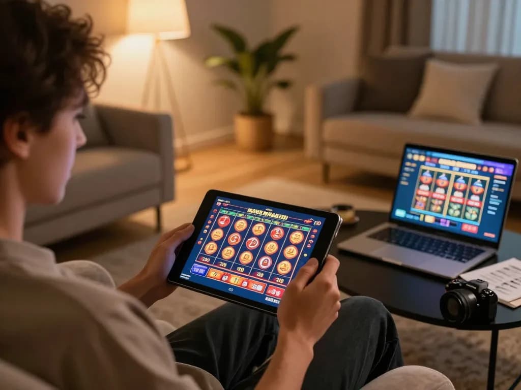 Player enjoying RR88 casino slots on a tablet in a cozy modern living room.
