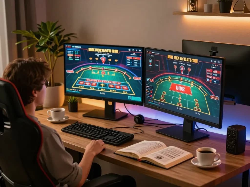 Engaging online gaming setup showcasing trang chủ shbet on dual monitors, blending luxury and strategy.