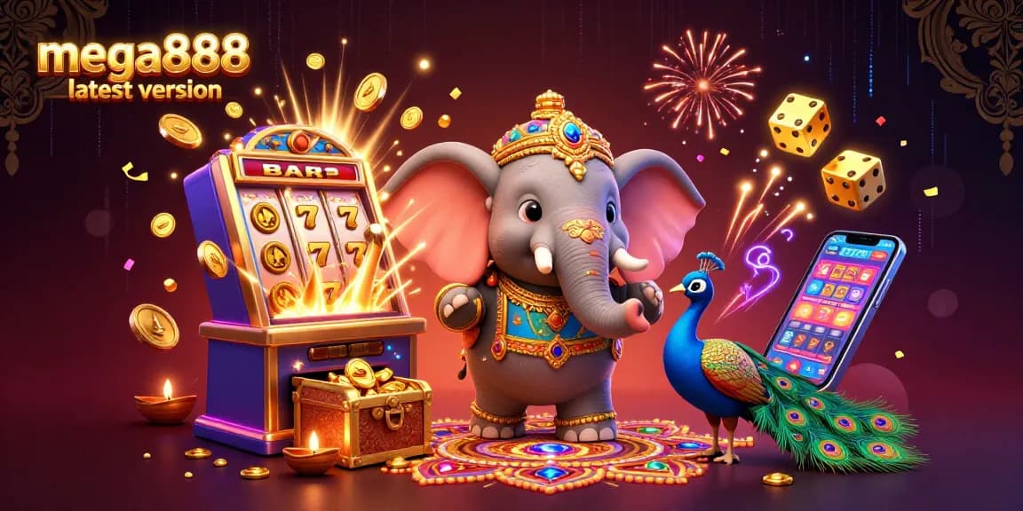Mega888 latest version offers thrilling gameplay with colorful slot symbols and dynamic characters.