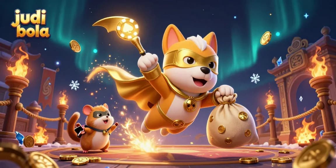 Experience thrilling judi bola action with a superhero dog and rich casino elements in a dynamic 3D scene.