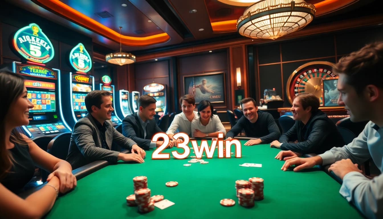 Experience an exciting game at 23win's luxury casino table with poker players and vibrant slot machines.