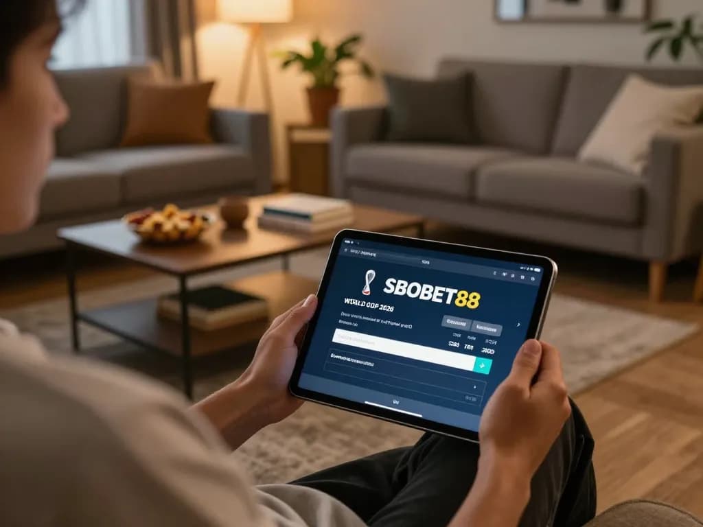 Sit at home with SBOBET88 login on tablet, engaging in strategic online sports betting.