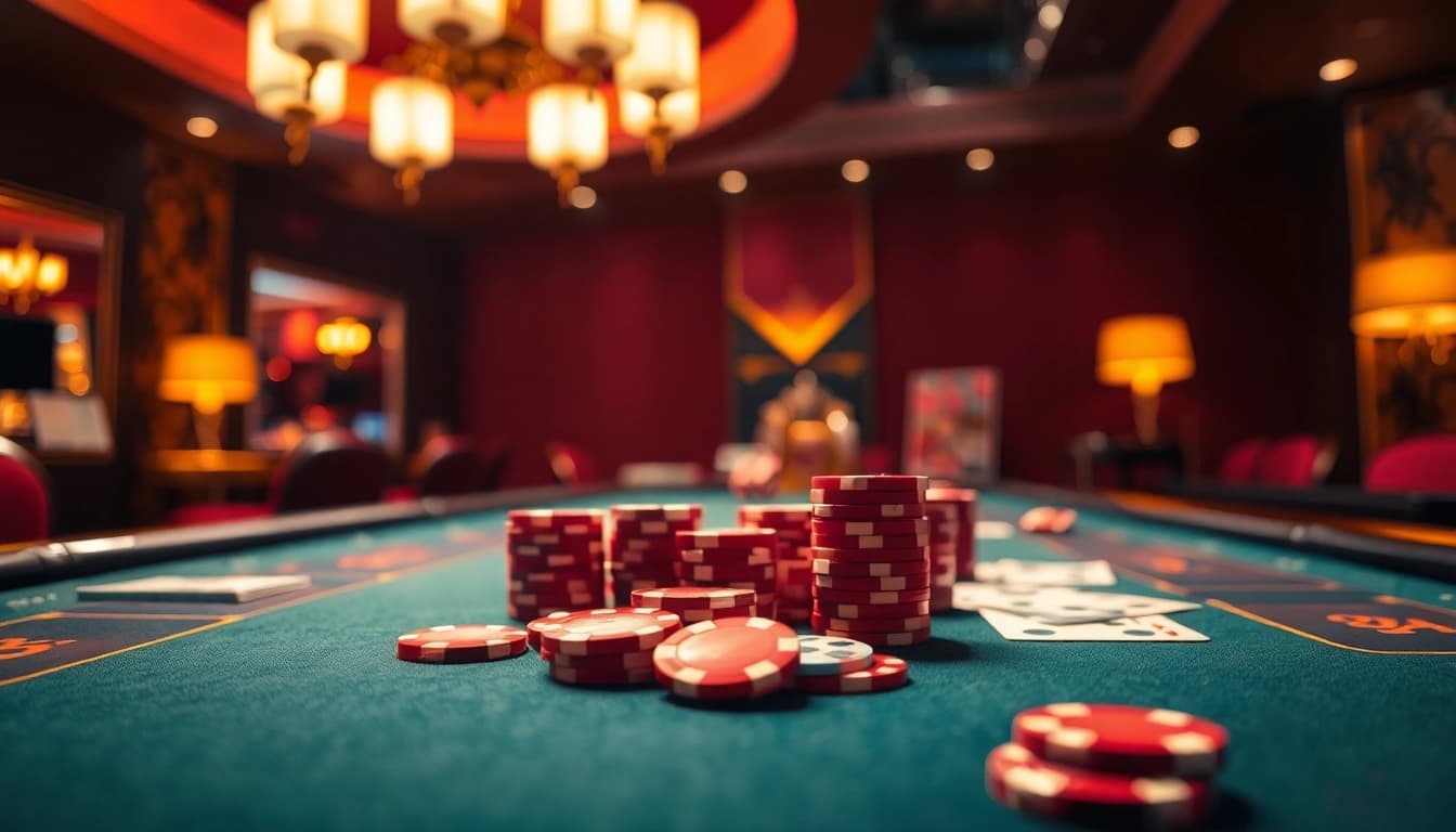 Engaging online casino table scene with vibrant chips and cards in an energetic atmosphere.