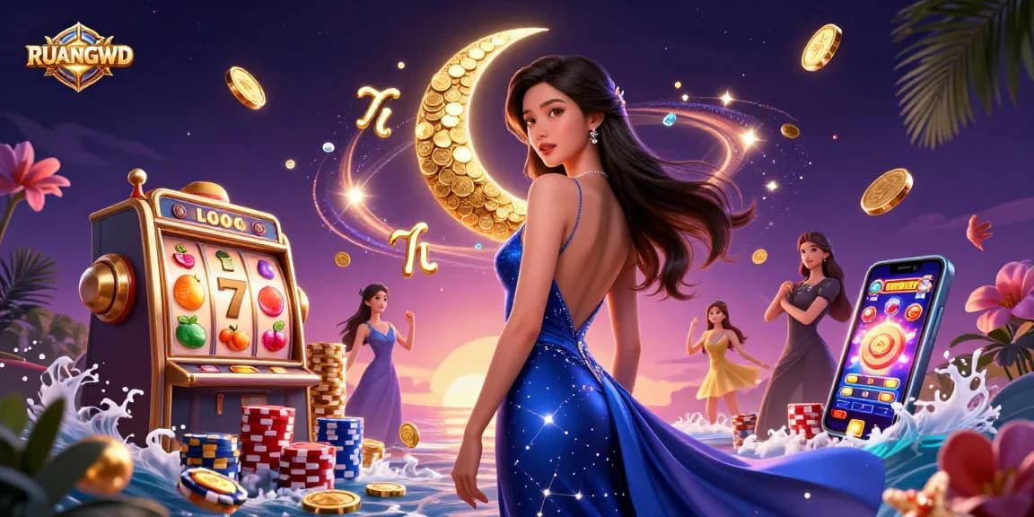 Play and win great prizes at RUANGWD with vibrant slot reels showcasing lucky sevens.