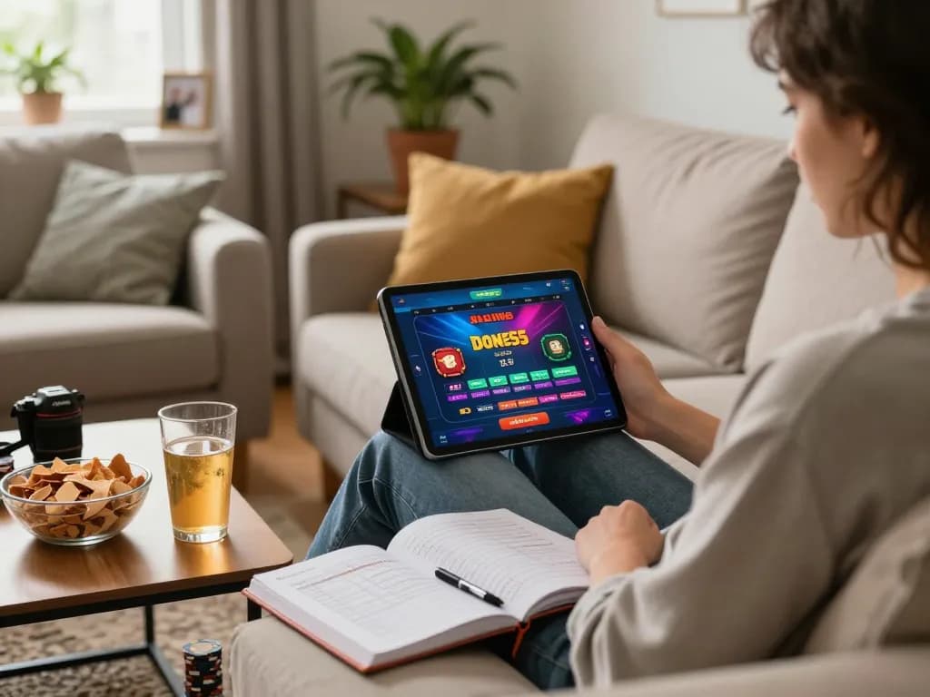 Engaging with the Done55 game on a tablet in a cozy home setting, showcasing strategic gambling.