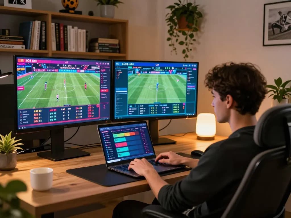 Engaged player betting on ALO8 Live from a modern home setup, showcasing interactive screens and strategic gaming