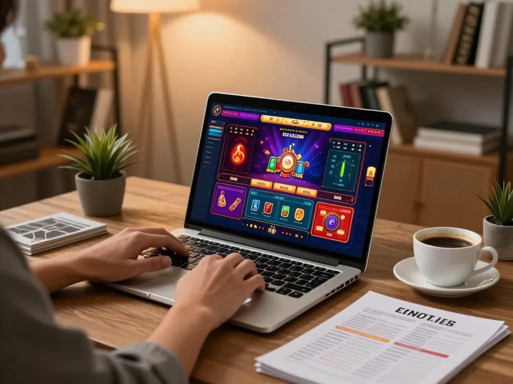 Engaging online gambling experience at home with https://webnk88.net/ casino interface on laptop, focusing on responsible gaming.