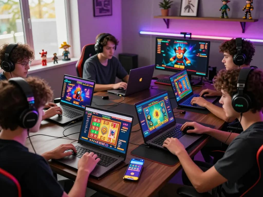 Exciting online gaming atmosphere with players exploring zeus138 slot games on laptops and mobile devices.