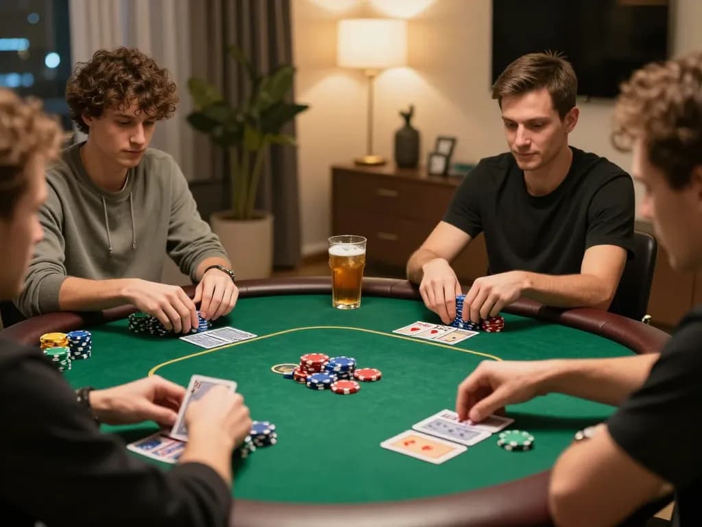 Engaged players at a home poker night with zbet me games, showcasing competitive strategies and vibrant poker chips.