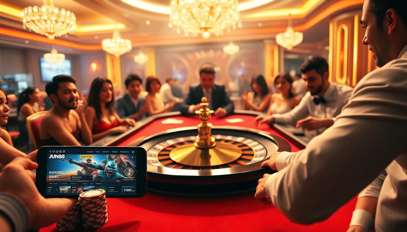 Experience high-stakes bets with JUN88's thrilling casino atmosphere featuring roulette action.