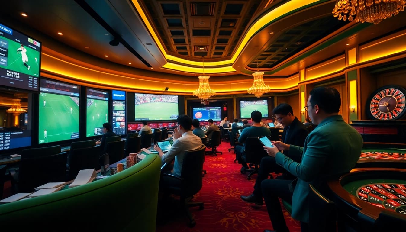 Bet on Judi Piala Dunia with excitement at a luxury sportsbook featuring vibrant screens and plush seating.