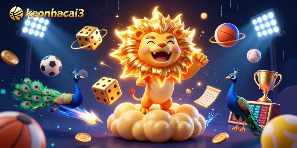 Bet on keonhacai3 with a dynamic 3D illustration featuring a roaring sun lion and exciting sports elements.
