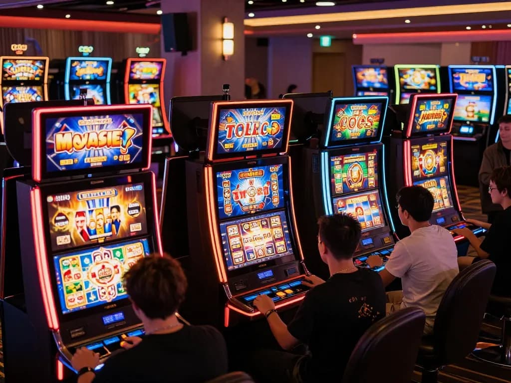 Players enjoying captivating slot online games surrounded by colorful machines in a vibrant casino area.