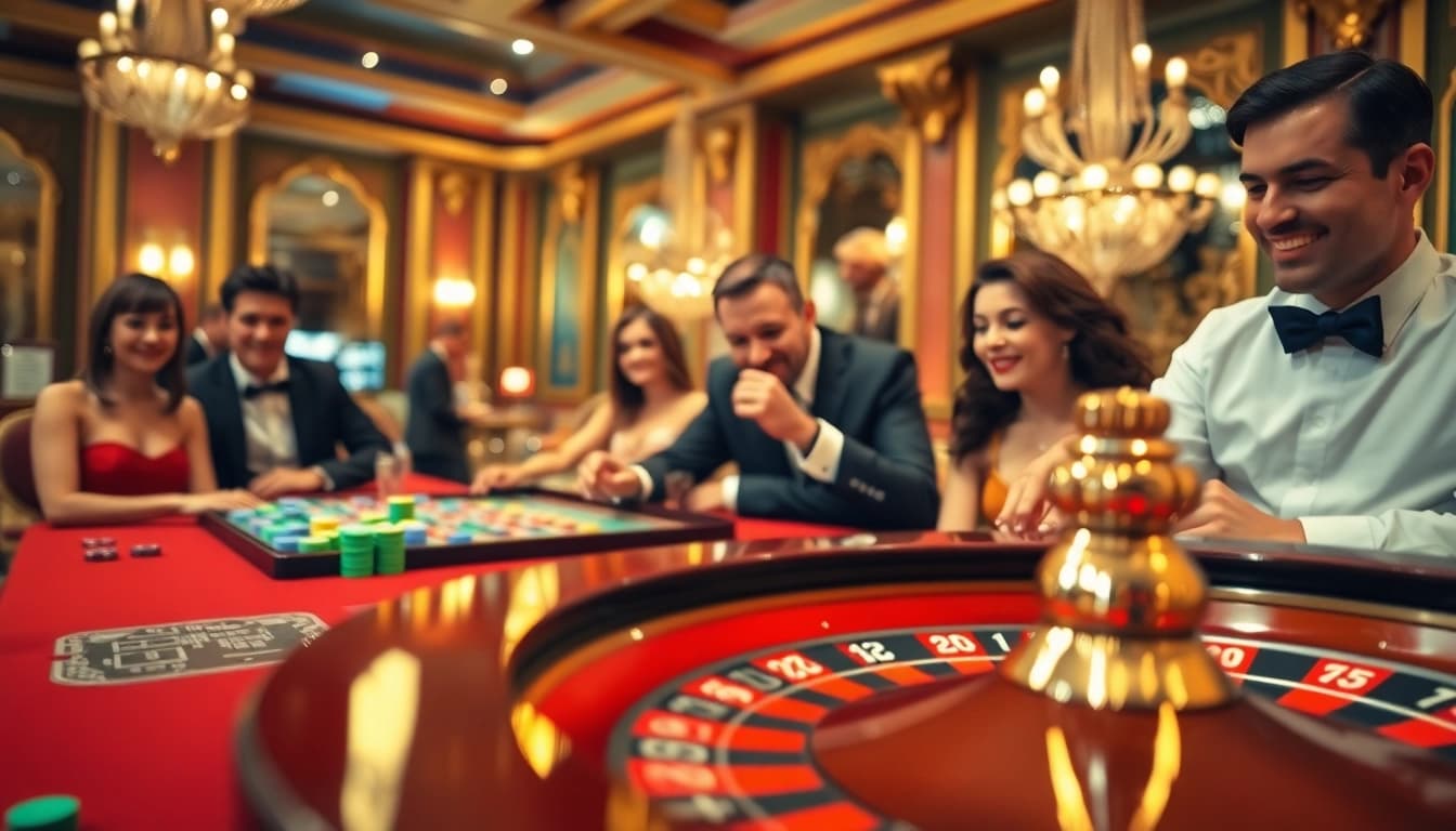 Temukan Agen SBOBET dalam suasana kasino yang mewah dengan meja roulette dan banyak pemain.