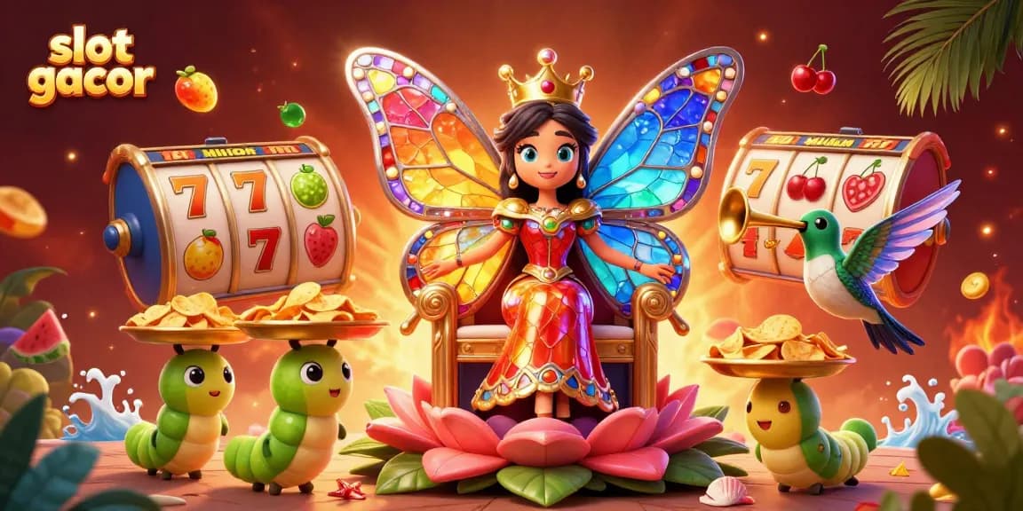 Permainan slot gacor yang menarik dengan ratu kupu-kupu dan elemen kasino penuh warna dan interaktif.