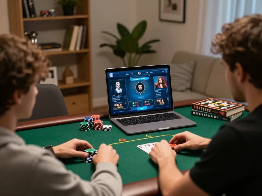 Player strategizing in the MM88 online casino with poker gameplay on laptop, showcasing responsible gaming.