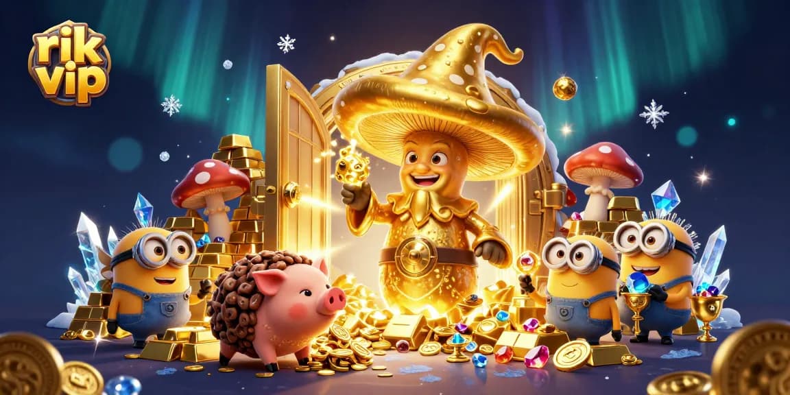 Experience the magic of rik vip with a golden mushroom wizard and treasure-filled scene.