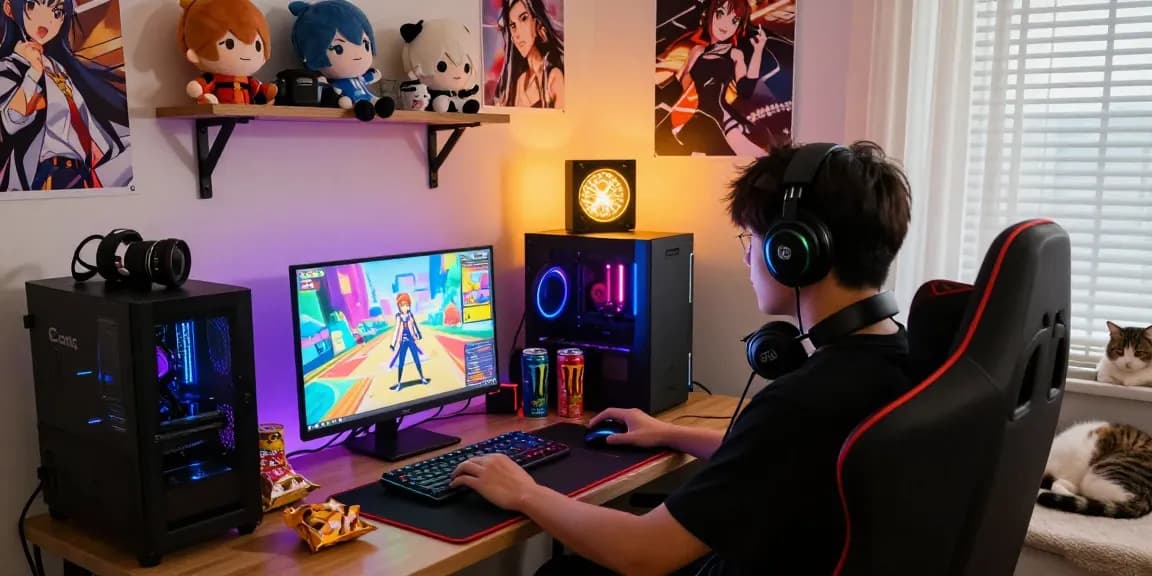 Engaging player immersed in a hentai game in a vibrant gaming room.