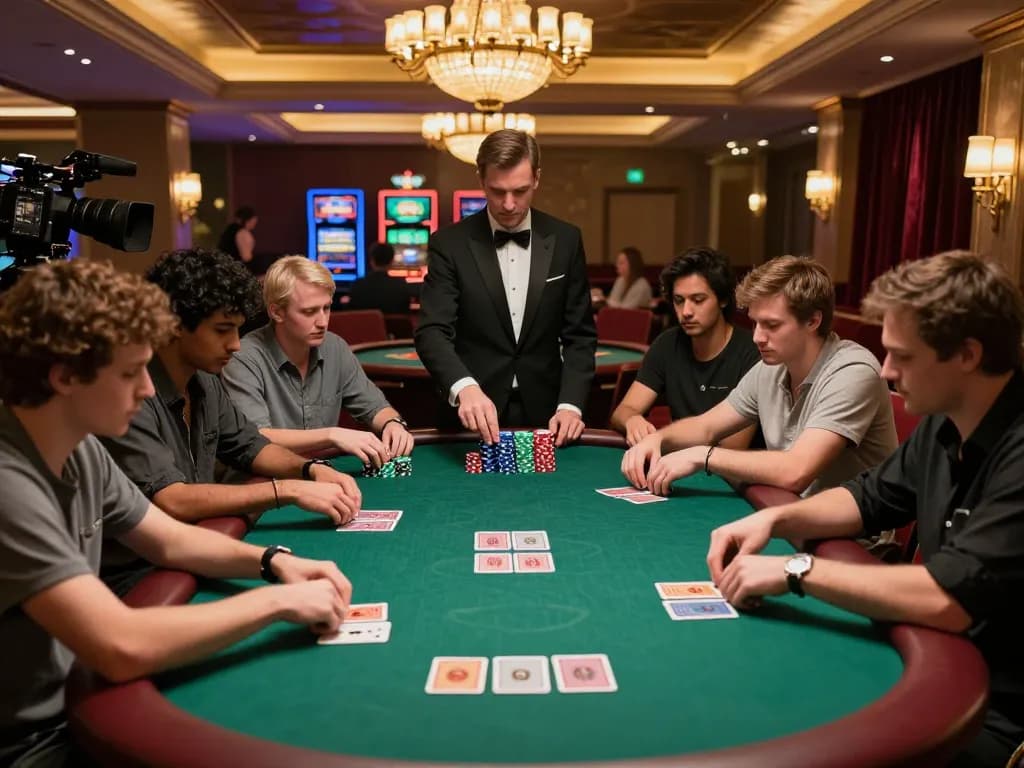 Players engage in intense strategic poker round at LGOGOAL high-stakes table, luxury casino environment.