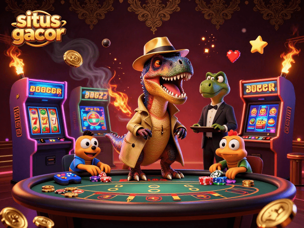 Situs gacor features a velociraptor card counter and stegosaurus pit boss in a lively casino scene.