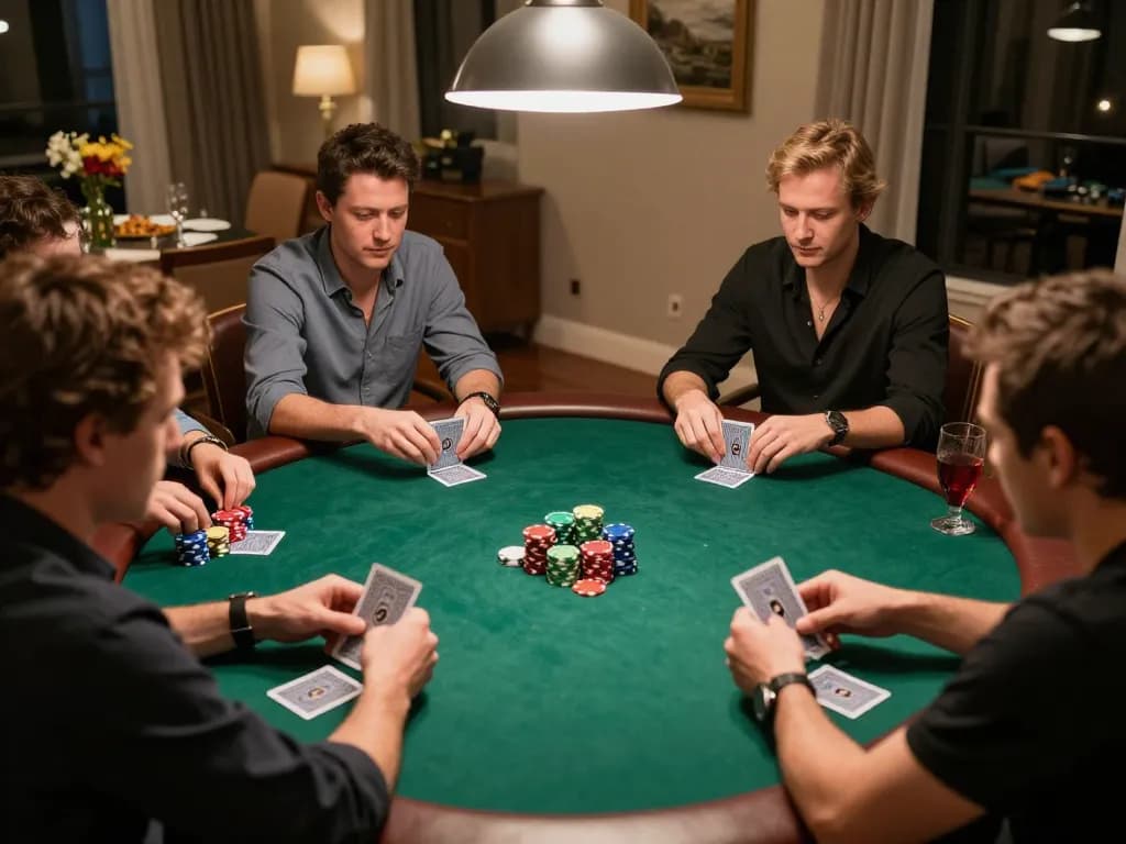 Players engage in an exciting poker game at home, showcasing strategic moments in 88aa.