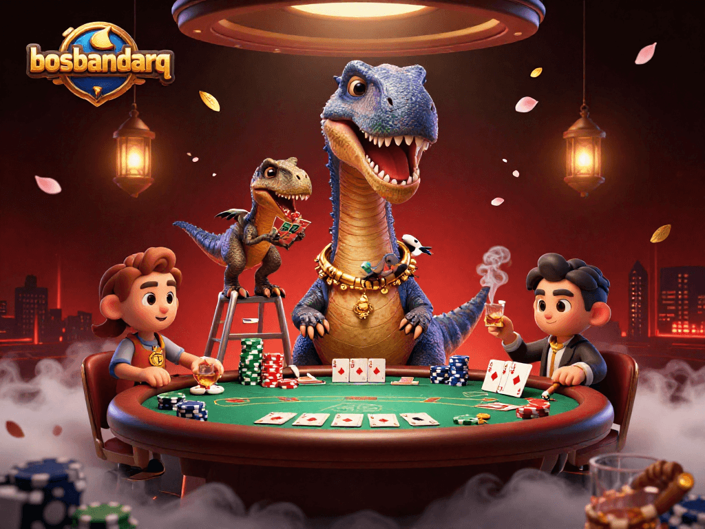 Enjoy an exciting game at bosbandarq with a giant brontosaurus overseeing a lively poker scene.