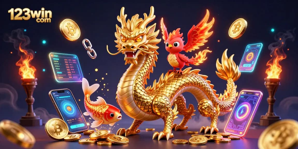 Engage in thrilling gameplay at 123win com with an illustration of a fierce dragon and lively casino elements.