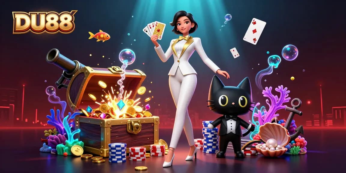 Join the excitement at DU88 with a glamorous gaming scene featuring poker and treasure elements.