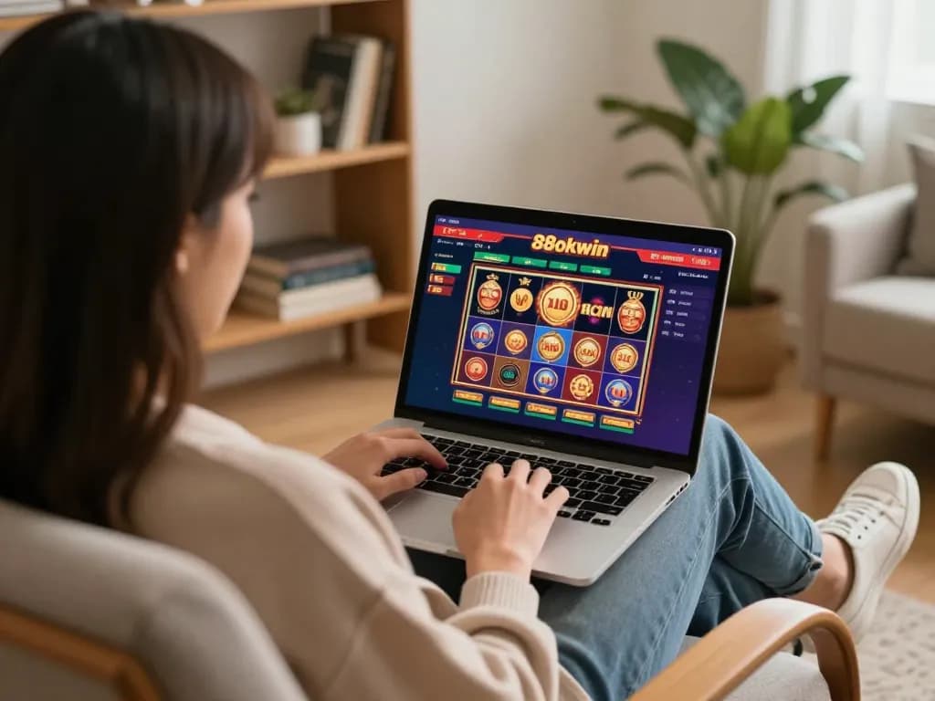 Engaging gameplay at 88okwin with a laptop in a cozy home setting