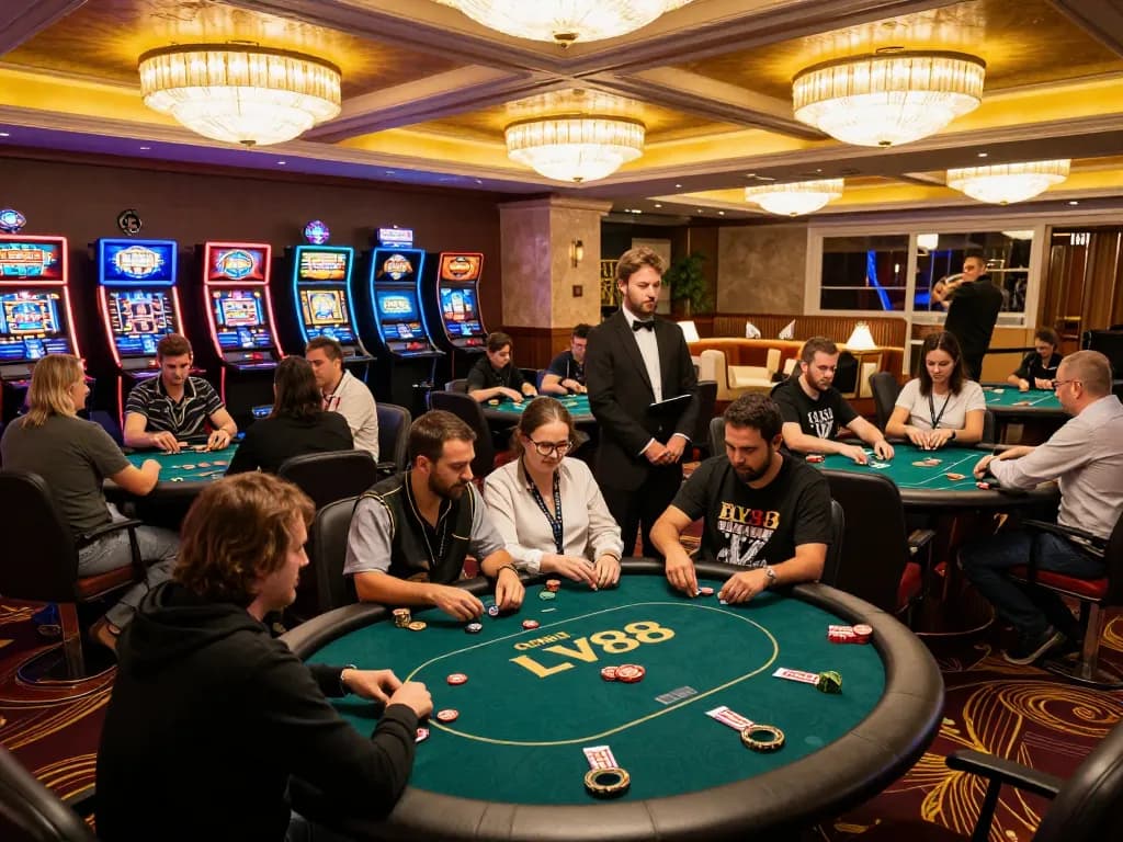 Players enjoying a thrilling poker game at LV88 casino, showcasing strategic play and vibrant atmosphere.