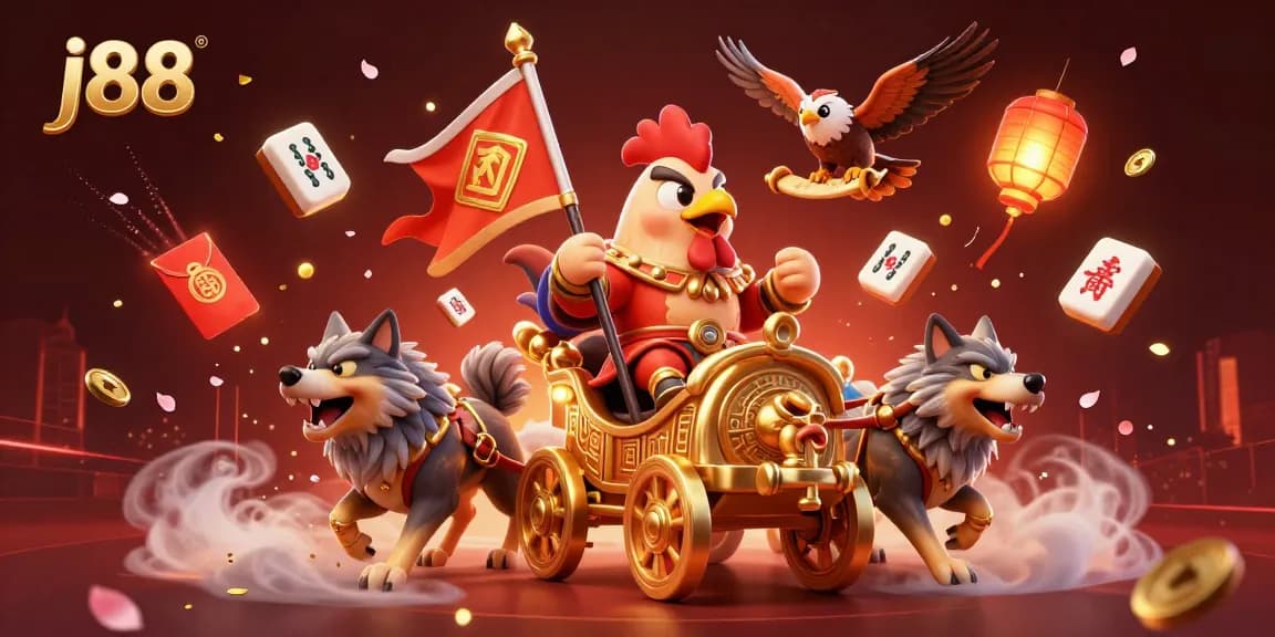 Experience j88 with a dynamic scene of a rooster warlord, wolves, and vibrant casino elements.